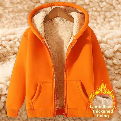 Ladies Large Size American Style Lamb Velvet Hoodie Zipper Cardigan Outerwear Autumn Winter Thickened Long Sleeve Casual Wear