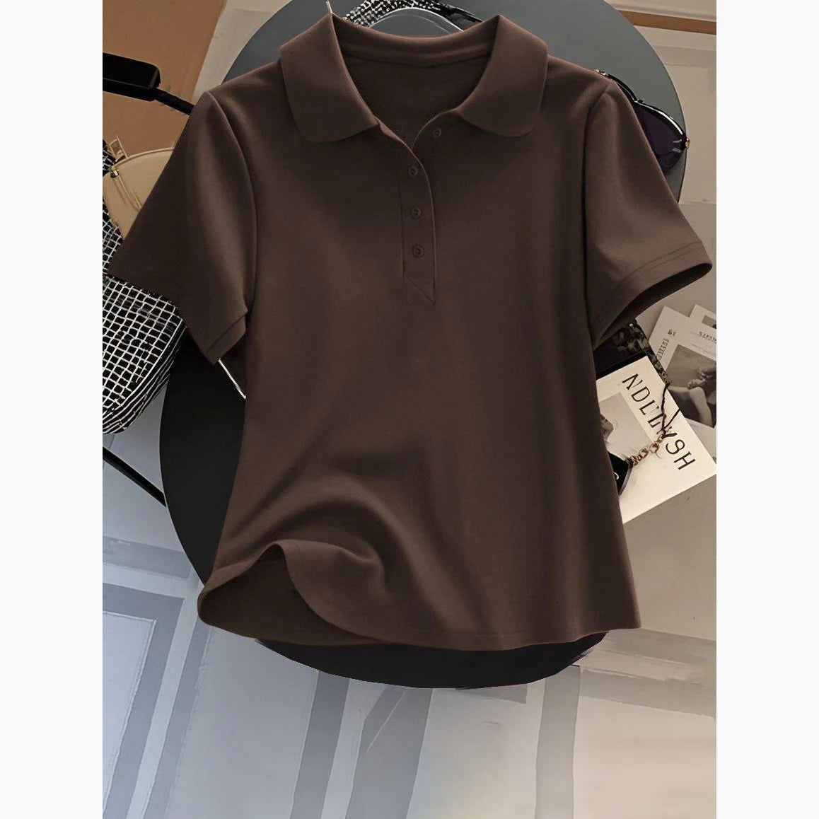 Loose Fit Women's  Neck Short Sleeve Cotton T-Shirt Casual Button up Top Korean Style Summer Fashion Ladies' Shirt