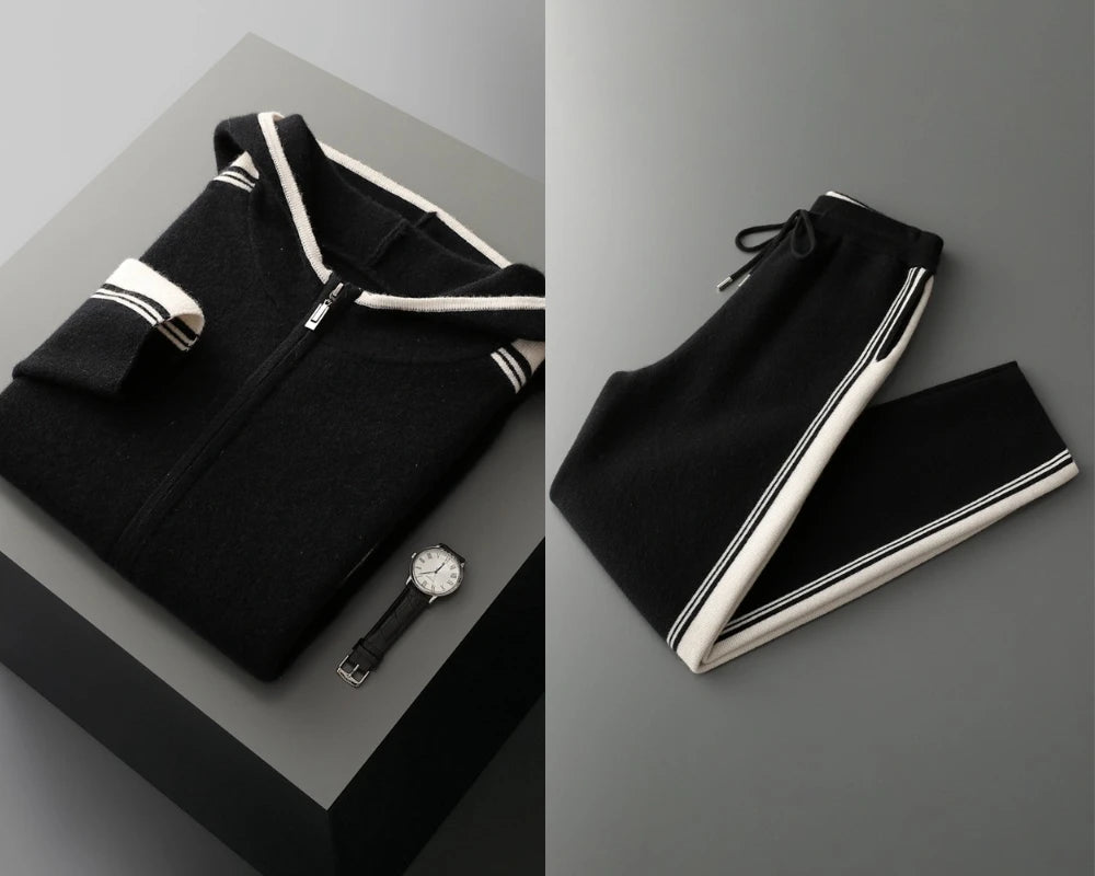 100% wool men's matching set hooded collar zipper cardigan jacket casual knitt pants pocket loose 2-piece set sports suit stripe