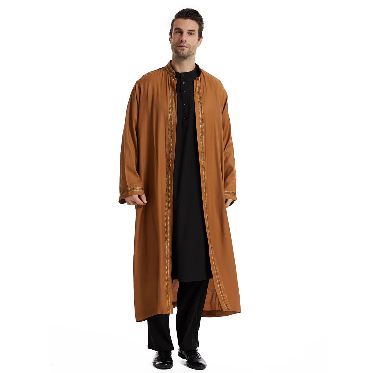 TH830 Men's Muslim Middle Eastern Men Long Sleeves Embroidery Cardigan Robe  Jubba Thobe