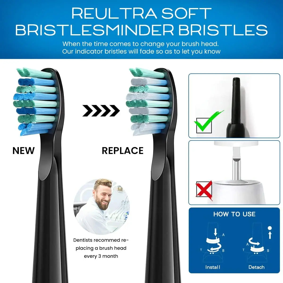 4 Pcs Electric Toothbrush Heads Compatible with Fairywill D7/D8/FW507/FW508/FW551/917/959/SG-E9 Moderately Soft Bristles Brush