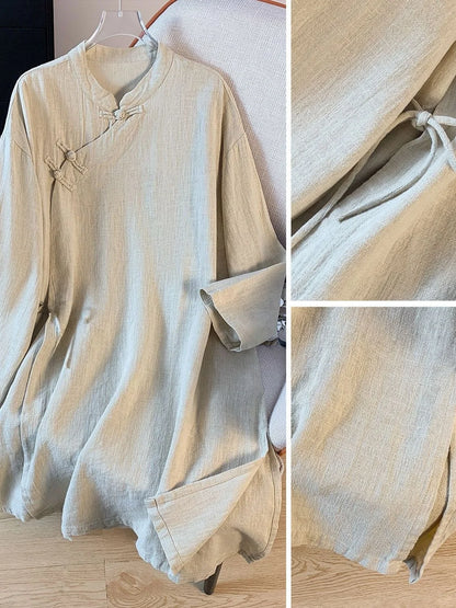 New Chinese Style Cotton Linen Women's Shirt Long Sleeve Button up Stand Collar Loose Fit Commute Fashion Mid-Length Coat