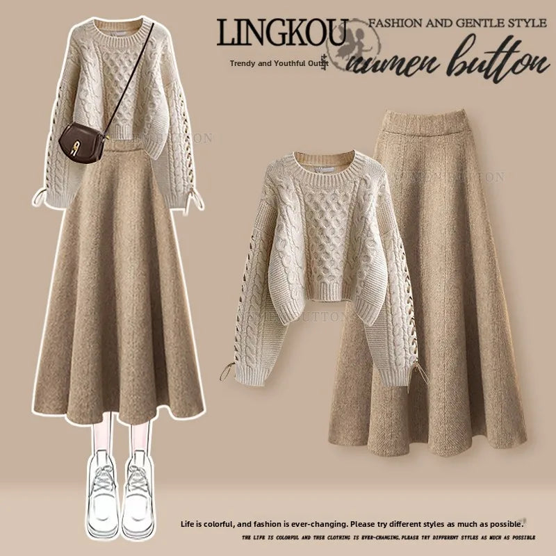 plus Size Autumn Casual Knitted Sweater And High Waist  Skirt Set Women's round Neck Slimming Fashion Two-Piece Ensemble