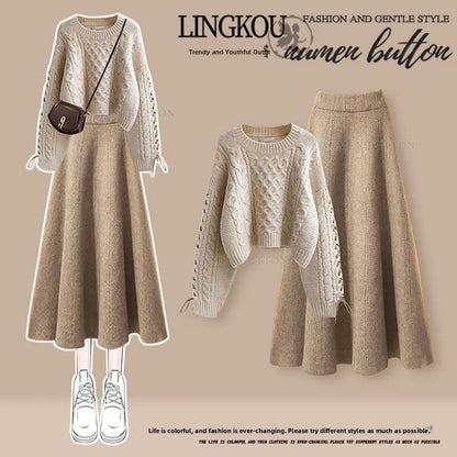 plus Size Autumn Casual Knitted Sweater And High Waist  Skirt Set Women's round Neck Slimming Fashion Two-Piece Ensemble