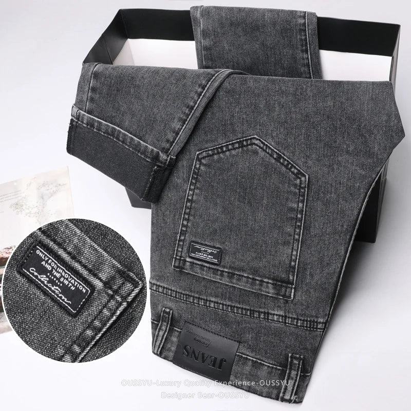 Spring Summer Stretch Pencil Cargo Jeans Gray Men High Street Casual Denim Trousers Fashion Straight Little Feet Men's Pants Man