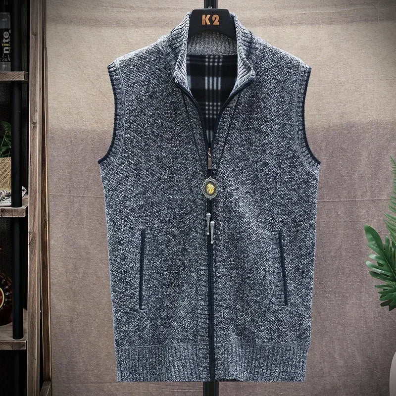 Men's Sweaters Vest Autumn Winter New Solid Warm Zipper Sweatercoat Sweaters Vest Men Casual Knitwear Sleeveless Male Clothing