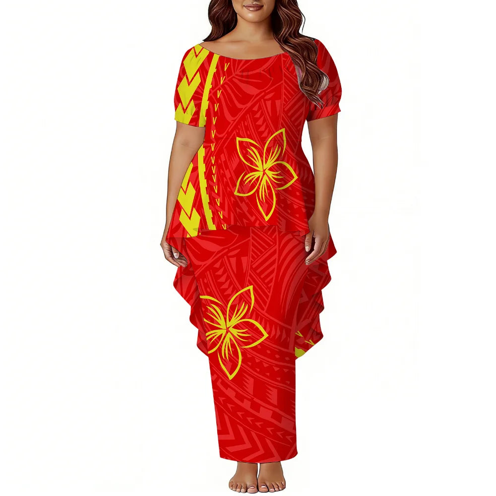 Polynesian Island-Style Women'S Short-Sleeved Puletasi Floral Print Dress Samoan Party Style Evening Dress