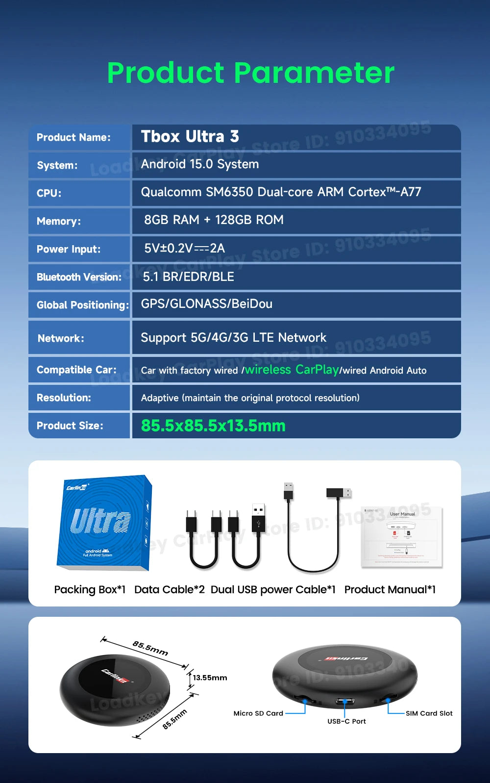 Carlinkit Ultra3 Android Tv Box Android 15 Wireless Carplay Adapter QCM6350 Smart Car Ai Box Carplay For Netflix Youtube 5G LTE