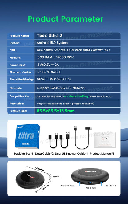 Carlinkit Ultra3 Android Tv Box Android 15 Wireless Carplay Adapter QCM6350 Smart Car Ai Box Carplay For Netflix Youtube 5G LTE