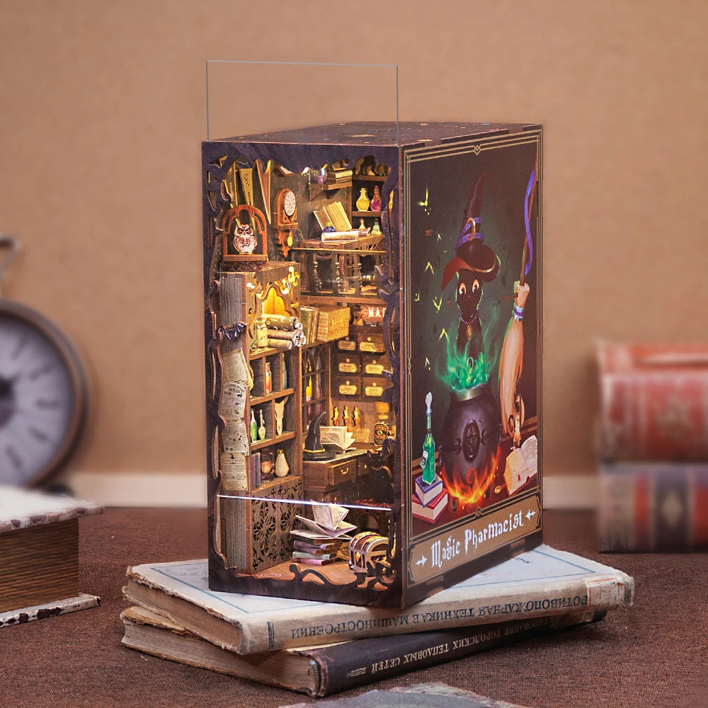 CUTEBEE DIY Book Nook Kit Miniature Doll House Home Touch Light Dust Cover Model Building Toys Gifts Magic Pharmacist