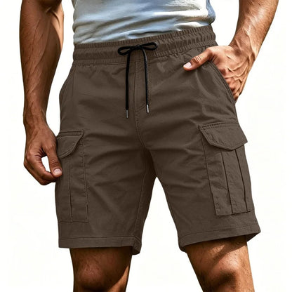 Men Solid Color Drawstring Cargo Shorts Elastic Waist Multi Pocket Loose Casual Summer Beach Short Pants