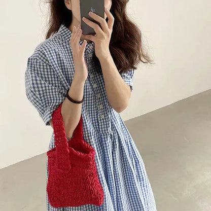 Summer New Long Sleeveless round Neck Plaid A-Line Dress Women's Sweet Style Cross-Border Fashion Cotton Linen Dress