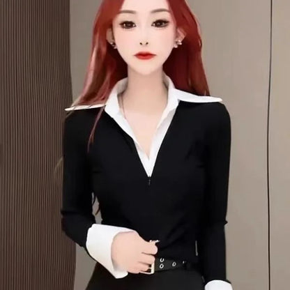 Spring Autumn 2026 Women's Slim Fit V Neck Bell Sleeve Shirt Color Block Waist Cinched False Two Piece Style Fashionable Offi...