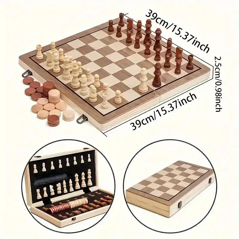 AIUAZA Wooden Chess Board Games, Folding Chess & Checkers Set, Portable Table Games, 2 Extra Queens, Beginner Chess Set For Adul
