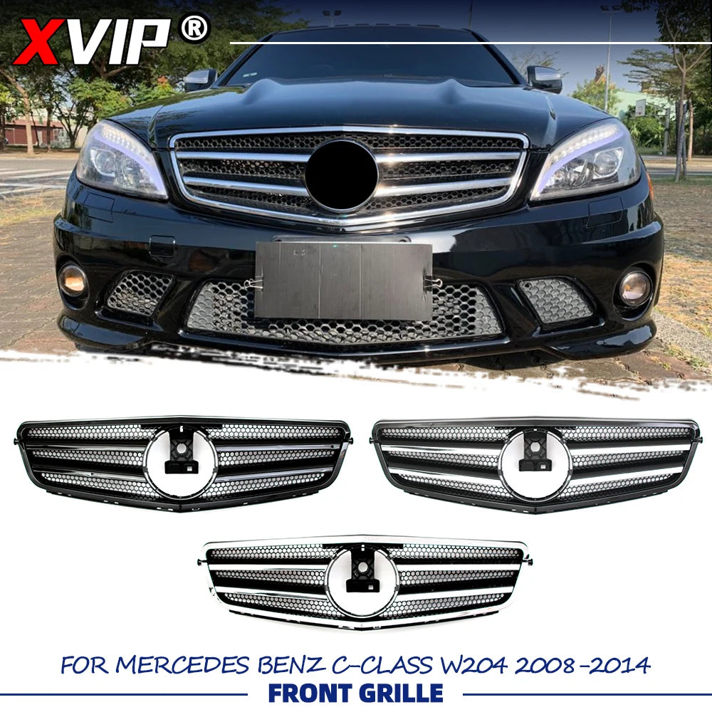 XVIP Glossy Black A - Style Racing Grille Chrome Bumper Grill For Mercedes Benz C-Class W204 08-14 C200 C230 C250 C280 C300 C350