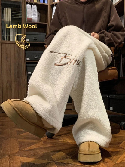 Lamb Velvet Thickened Fleece Lined Wide Leg Sporty Casual Pants for Men And Women Autumn Winter Street Style Cotton Trousers