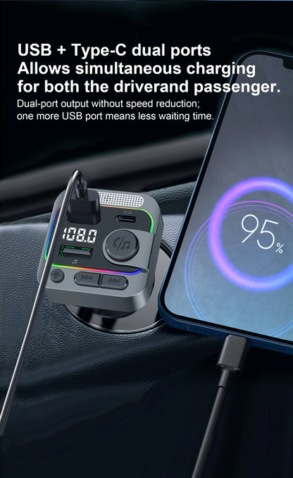 Bluetooth 5.3 Car FM Transmitter Type-C Dual USB Charging Car Audio MP3 Player Hands Free Calling with Karaoke Car Microphones