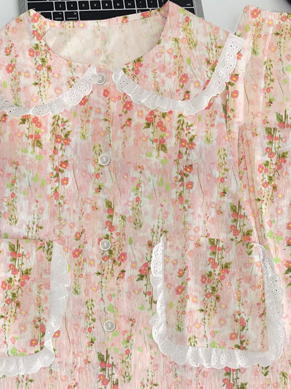 Cloud Cotton Sleepwear Set for Women Casual Spring Autumn Long Sleeve Long Pants Home Clothes  Plant Floral Print