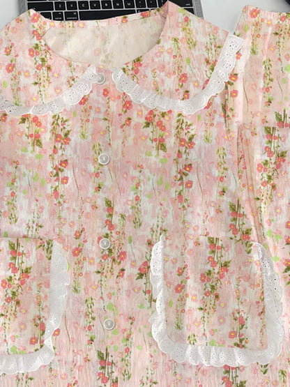 Cloud Cotton Sleepwear Set for Women Casual Spring Autumn Long Sleeve Long Pants Home Clothes  Plant Floral Print