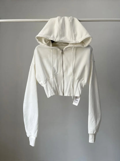 Spicy Girl Retro  Color Hoodie Women's Ultra-Short Waist-Cinching Belly-Baring Long-Sleeve Open Cardigan Top Coat