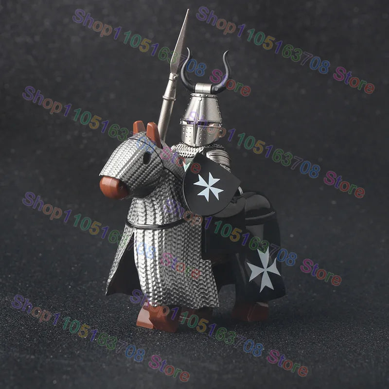 MOC Medieval Military Crusader Knight Building Blocks Castle Army Soldier Figure Horse Mount Shield Sword Accessories Bricks Toy
