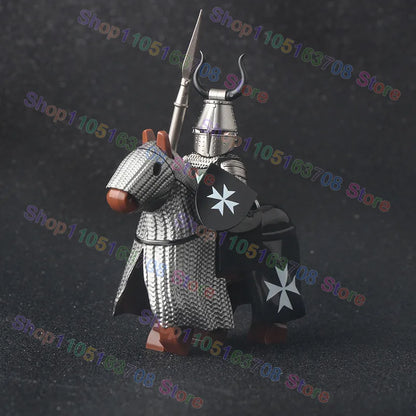 MOC Medieval Military Crusader Knight Building Blocks Castle Army Soldier Figure Horse Mount Shield Sword Accessories Bricks Toy