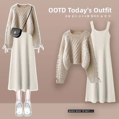 plus Size Autumn Winter Knitted Sweater Dress Set Women's High End Fashion Slimming Two Piece Suit Commute Style Long Sleeve ...