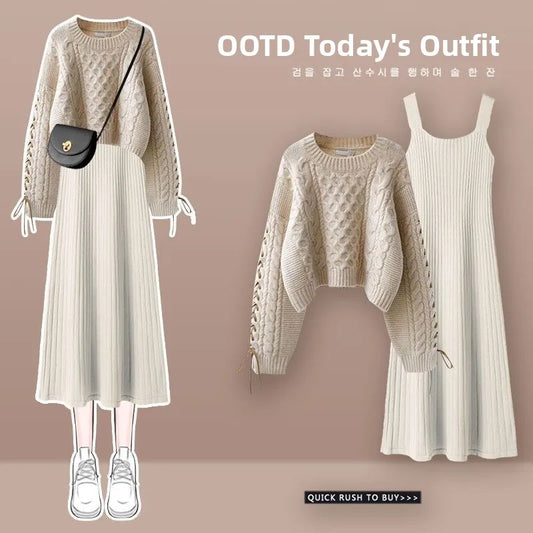 plus Size Autumn Winter Knitted Sweater Dress Set Women's High End Fashion Slimming Two Piece Suit Commute Style Long Sleeve ...