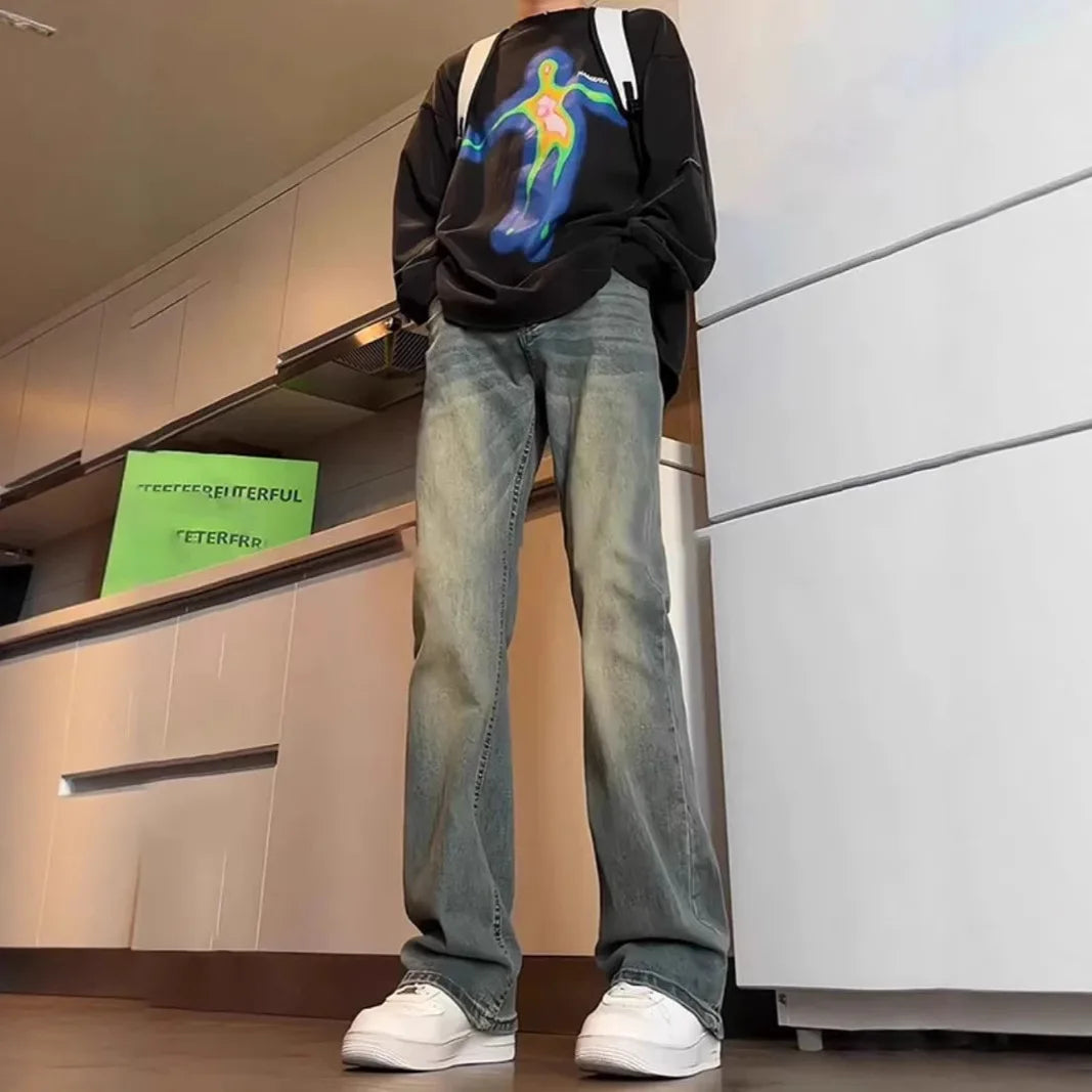 Men's Y2K Flare Jeans Vintage Washed Straight Leg Denim Pants Stacked Long Trousers Streetwear Loose Fit Bottoms