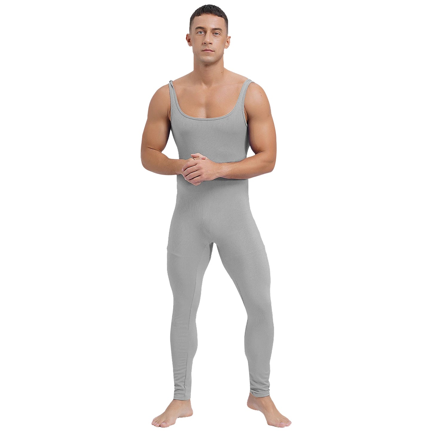 Mens Athletic Jumpsuit Square Neck Sleeveless Leotard Ribbed Striped Tank Unitard Wrestling Singlet Workout Yoga Bodysuit Romper