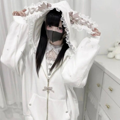 Long Sleeve Strapped Rabbit Ear Hoodie Thick Warm Lolita JK Cardigans Women Y2K Ladies Top Winter Autumn Lace Bow Coats Female