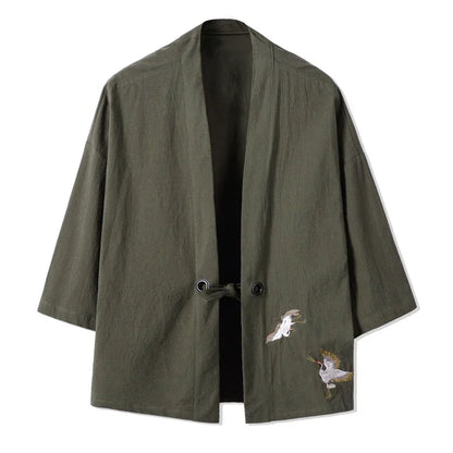 Men Kimono Crane Embroidery Harajuku Japanese Style Cardigan Casual Cotton Men Samurai Costume Yukata Asian Clothes Men Jackets