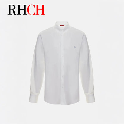 RHCH Men Pure  Shirt Luxury Embroidery Logo Button Down Collar Casual Breathable Solid Color Formal Business Shirts For Men