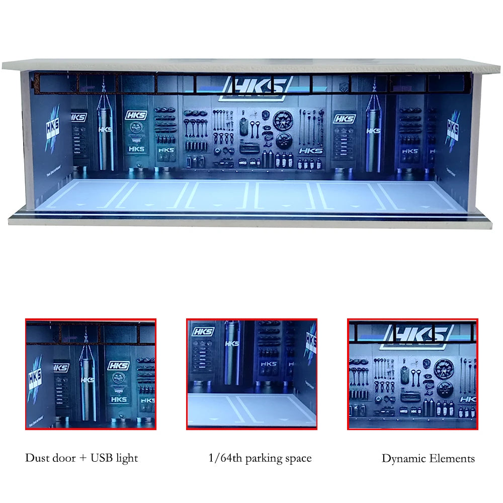 1/64 Scale Diecast Car Garage Diorama Model Miniature Case LED Light Parking Garage Diorama Kit for Collectible Cars Model