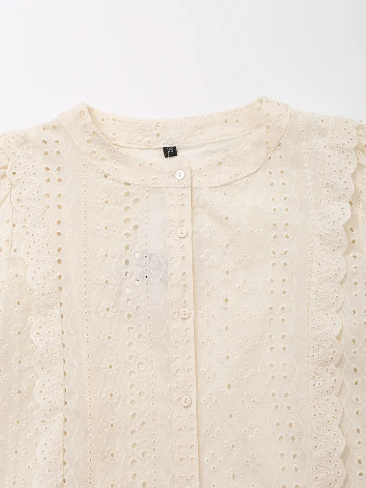 European and American Style 2026 Summer New Women's Sweet Round Neck Puffy Long Sleeve Hollow Embroidered Shirt Loose Top