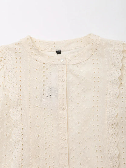 European and American Style 2026 Summer New Women's Sweet Round Neck Puffy Long Sleeve Hollow Embroidered Shirt Loose Top