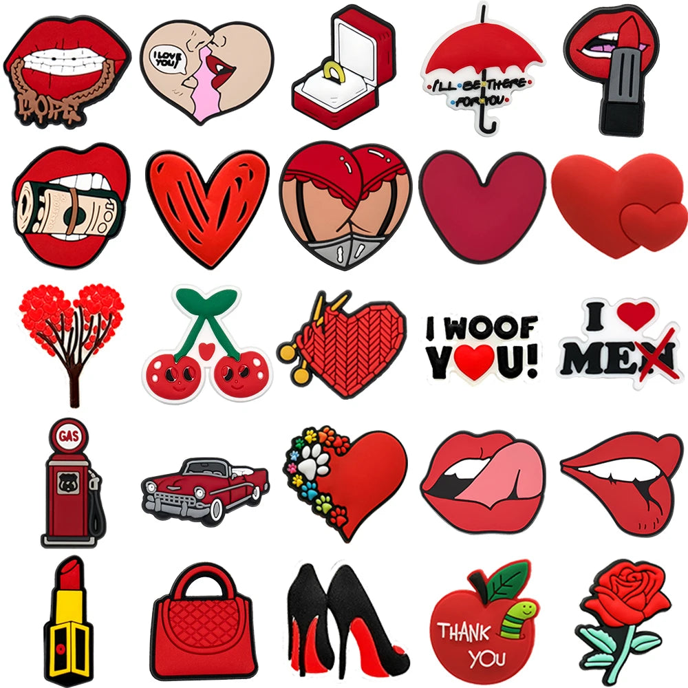 1/25PCS Red Romance & Glam Theme Shoe Charms Set DIY Decorative Pins Lips Heart Lipstick Clogs Accessories for Women Men Gifts