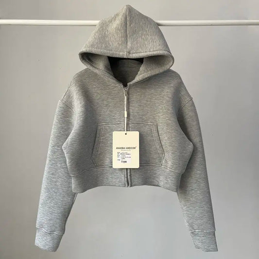 Trendy American Hot Girl  Color Air Layer Loose Hoodie Women Spring Autumn Sports Belly Short Top Polyester Spandex