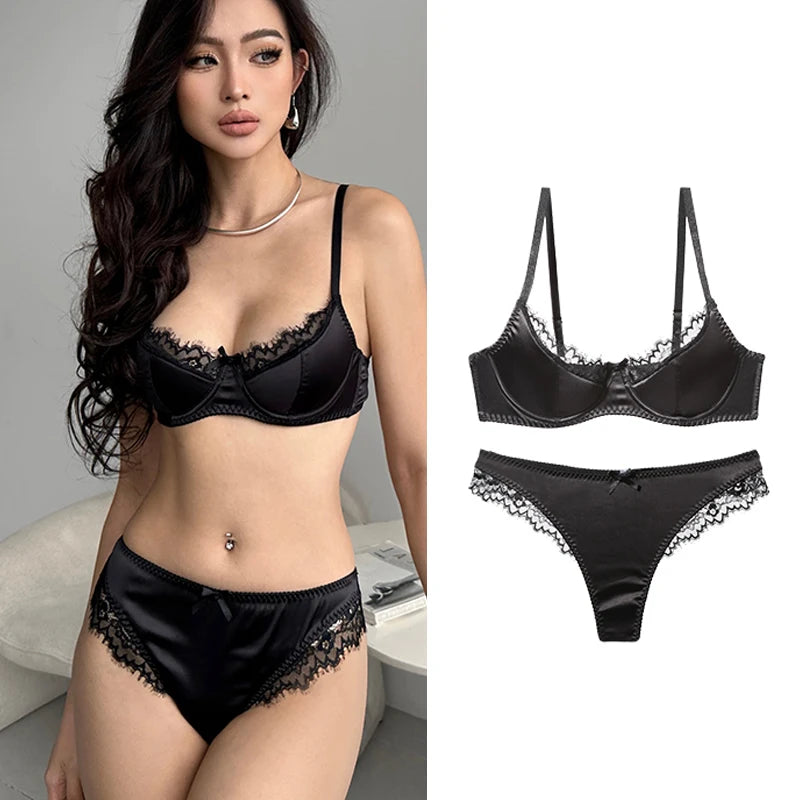 Luxury Satin Lace Lingerie Set Breathable Thin Cotton Cups Underwire Push Up Bra And Thong Sexy Women Underwear for Small Chest