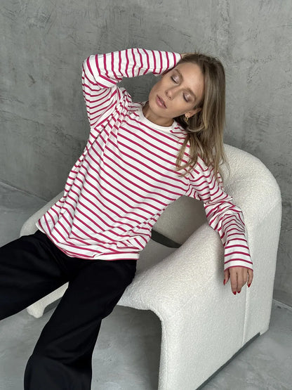 Bornladies 2025 Summer Long Sleeve Striped T-Shirts Women Basic Casual Tops Female Cozy Loose Cotton Tees Harajuku T Shirt New