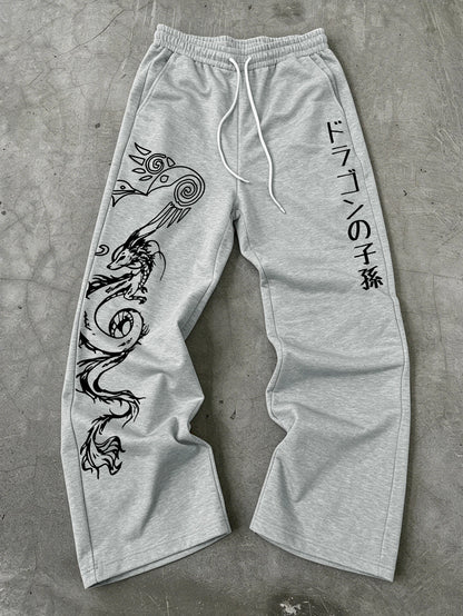 Men's Harajuku Tribal Dragon Vertical Japanese Text Print Wide Leg Sweatpants Drawstring Soft Asian Street Loose Trousers
