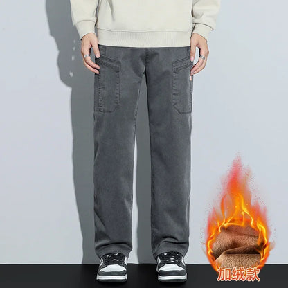 Men's Lyocell Multi Pocket Fleece Lined Wide Leg Cargo Pants 2025 Autumn Winter High Quality Warm Casual Long Pants Plus Size 38