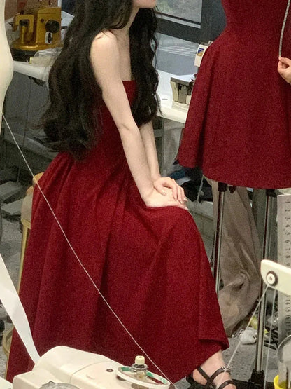 Elegant Korean Fashion Summer Evening Party Red U-neck Sling Dress Lady Casual High Waist Sleeveless Strap Mini Dress for Women