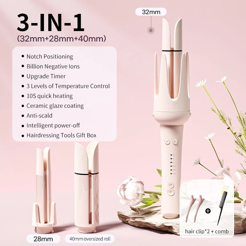 Automatic Curling Iron 3 in 1 Negative Ion Hair Curler Interchangeable Barrels Auto Rotation 3 Heat Settings Salon Styler