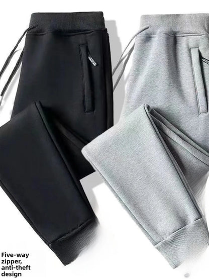 Men's Winter Thickened Fleece Lined Casual Pants Loose Fit Sporty Youthful Style mid Waist Long Trousers with Cuffed Ankle