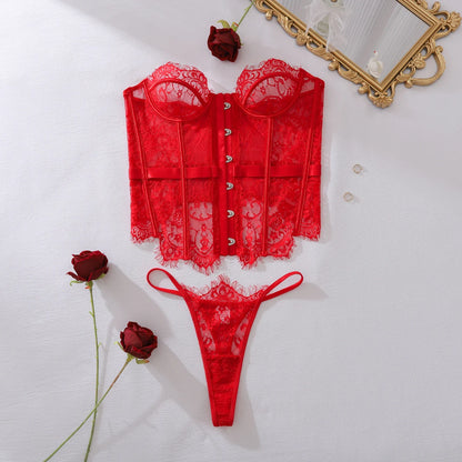 2025 Women's Eyelash Lace Perspective Low cut Fishbone Body Shaping and Slimming Sexy Underwear Two Piece Set