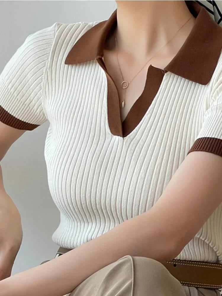 Female Spring Slim Knit Tee Summer Women's T-shirt Polo Collar Short Sleeve Fashion Blouses White Skinny Casual Women Tank Top