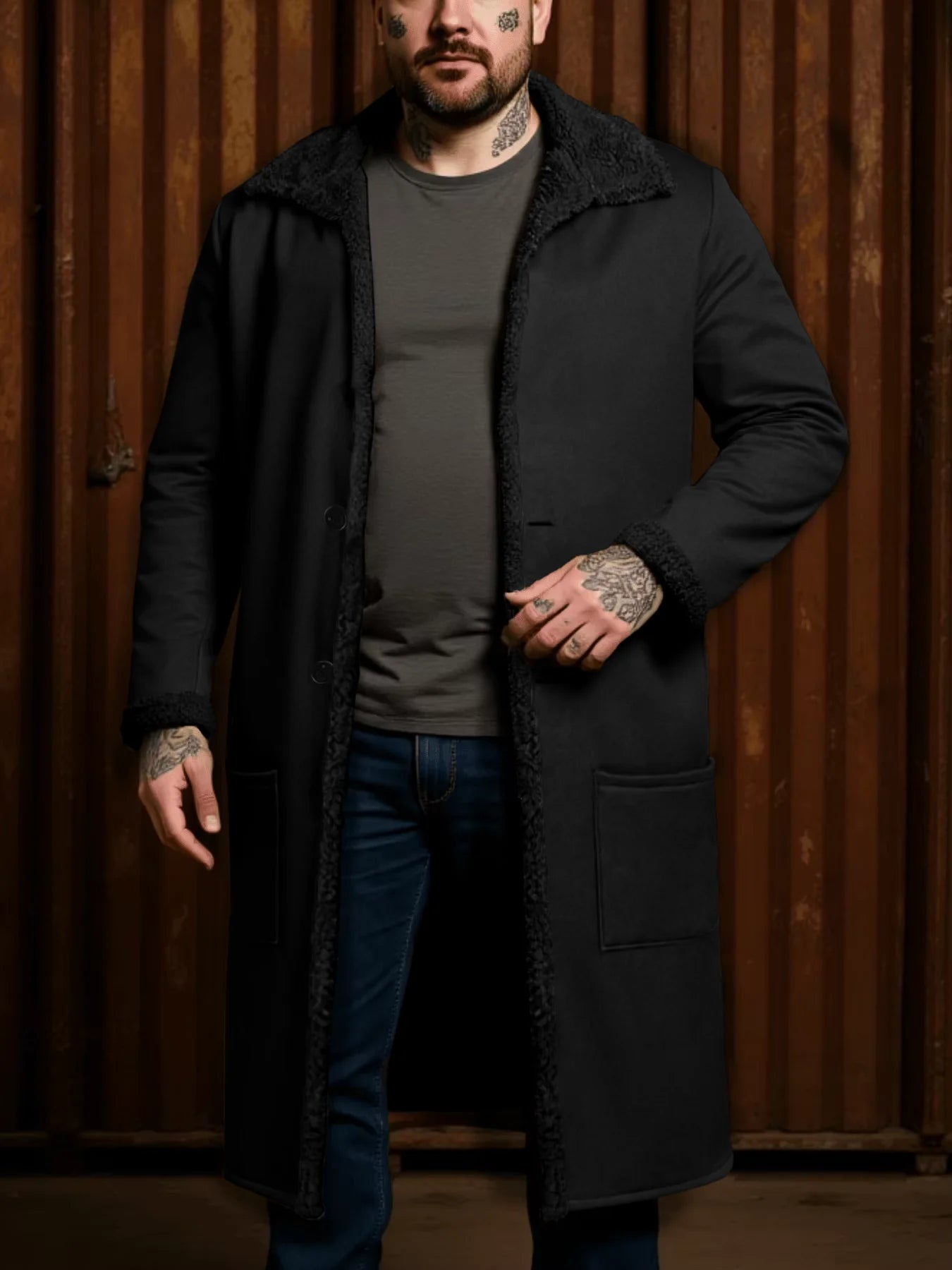 Winter Men's Faux Fur Casual Coat, Thickened Button Closed Lapel Overcoat Cotton-Padded Jacket Warm And Windproof Men's Clothes