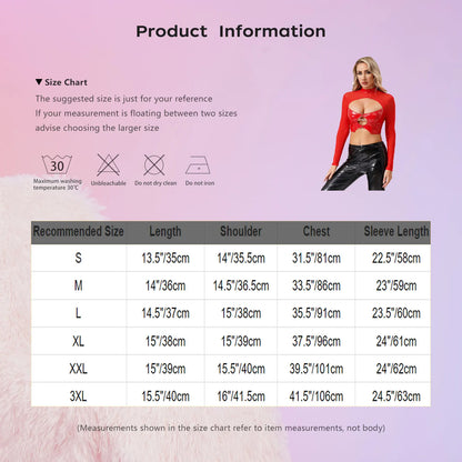 Womens Sheer Mesh Leather Patchwork Crop Top Long Sleeve Hollow Out Slim Fit Glossy Blouse Tops for Halloween Party Raves Dance