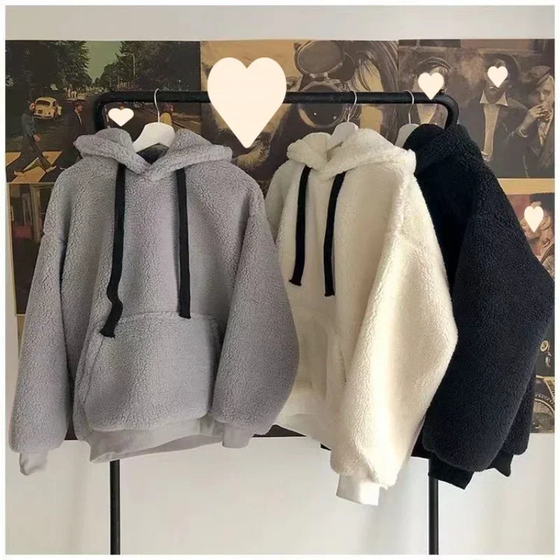 Imitation Lambskin Hoodie Winter Simple Couple Long-Sleeved Hoodie Wear for Both Men and Women Fluffy Thickened Hooded Loose Top